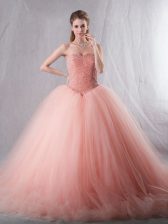 Clearance Tulle Sweetheart Sleeveless Brush Train Lace Up Beading Quince Ball Gowns in Pink 