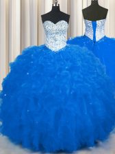 Spectacular Royal Blue Sleeveless Floor Length Beading and Ruffles Lace Up Quinceanera Gown