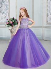Glorious Floor Length Purple Little Girls Pageant Gowns Scoop Sleeveless Lace Up