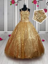  Gold Tulle Lace Up Straps Sleeveless Floor Length Child Pageant Dress Beading and Sequins