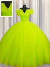  Off The Shoulder Yellow Green Tulle Lace Up Sweet 16 Dresses Short Sleeves With Train Court Train Ruching