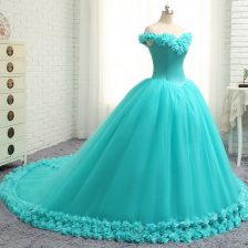  Off the Shoulder Cap Sleeves Tulle With Train Court Train Lace Up Vestidos de Quinceanera in Aqua Blue with Hand Made Flower