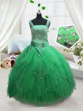  Turquoise Ball Gowns Tulle Straps Sleeveless Beading and Ruffles Floor Length Lace Up Little Girl Pageant Dress