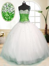 Dynamic Sleeveless Tulle Floor Length Zipper Quinceanera Gown in White with Beading