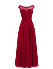 Stunning Floor Length Wine Red Prom Gown Scoop Cap Sleeves Zipper