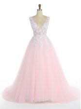  V-neck Sleeveless Prom Dress With Train Sweep Train Appliques Pink Tulle