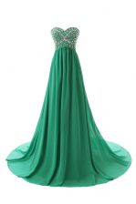 Superior Sleeveless With Train Beading Zipper Prom Party Dress with Green Court Train
