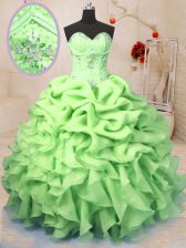  Sleeveless Organza Floor Length Lace Up Sweet 16 Dresses in Yellow Green with Beading and Ruffles and Pick Ups