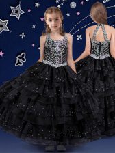 Lovely Halter Top Sleeveless Floor Length Beading and Ruffled Layers Zipper Child Pageant Dress with Black
