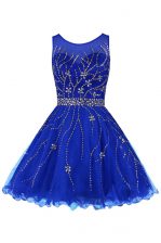  Sleeveless Knee Length Beading Zipper Evening Dress with Royal Blue