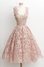 Unique Scoop Sleeveless Homecoming Dress Knee Length Lace Peach Lace