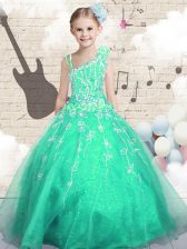  Floor Length Lace Up Kids Formal Wear Apple Green for Party and Wedding Party with Appliques
