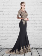  Mermaid Black Scoop Neckline Appliques Prom Party Dress Long Sleeves Lace Up
