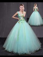 Appliques and Belt Quince Ball Gowns Aqua Blue Lace Up Sleeveless Floor Length
