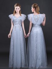 Cheap V-neck Short Sleeves Floor Length Appliques and Belt Grey Tulle and Lace