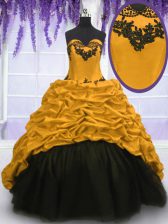 Great Gold Sweetheart Neckline Appliques and Pick Ups 15 Quinceanera Dress Sleeveless Lace Up