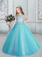Eye-catching Scoop Aqua Blue Ball Gowns Beading Little Girls Pageant Dress Lace Up Tulle Sleeveless Floor Length