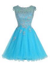 Amazing Scoop Baby Blue Sleeveless Beading and Appliques Mini Length Evening Dress