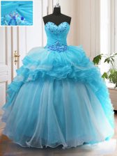 Eye-catching Baby Blue Quinceanera Gown Organza Sweep Train Sleeveless Beading and Ruffled Layers