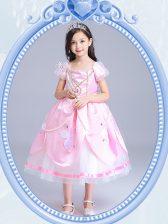 Square Short Sleeves Taffeta and Tulle Tea Length Zipper Flower Girl Dresses for Less in Baby Pink with Beading and Appliques