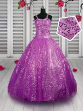  Floor Length Purple Girls Pageant Dresses Sequined Sleeveless Beading and Sequins