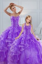  Lavender Sweetheart Lace Up Beading and Ruffled Layers Quince Ball Gowns Sleeveless