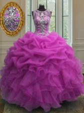 Pretty Scoop Sleeveless Quince Ball Gowns Floor Length Beading and Ruffles and Pick Ups Fuchsia Organza