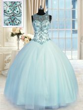 Trendy Scoop Light Blue Ball Gowns Beading Ball Gown Prom Dress Lace Up Tulle Sleeveless Floor Length