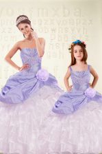  Lavender Ball Gowns Beading and Ruffled Layers and Hand Made Flower Vestidos de Quinceanera Lace Up Organza and Taffeta Sleeveless Floor Length