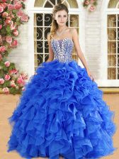  Organza Strapless Sleeveless Lace Up Beading and Ruffles Sweet 16 Dresses in Royal Blue