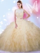 Floor Length Lace Up Quinceanera Gowns Champagne for Military Ball and Sweet 16 and Quinceanera with Beading and Ruffles