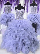 On Sale Four Piece Lavender Lace Up Sweetheart Ruffles and Sequins Quinceanera Gowns Organza Sleeveless