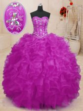  Fuchsia Ball Gowns Sweetheart Sleeveless Organza Floor Length Lace Up Beading and Ruffles 15th Birthday Dress