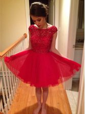  Red Zipper Bateau Beading Prom Evening Gown Tulle Cap Sleeves