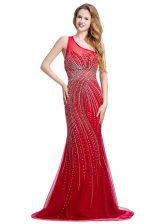  One Shoulder Red Sleeveless Tulle Brush Train Zipper Prom Party Dress for Prom and Party