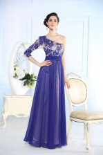 New Style Floor Length Blue Prom Party Dress One Shoulder Long Sleeves Side Zipper