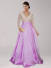 Artistic V-neck Long Sleeves Zipper Prom Evening Gown Lilac Taffeta
