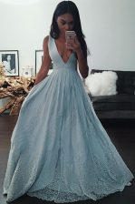 Sweet Light Blue Taffeta Zipper Prom Dress Sleeveless Floor Length Beading and Lace