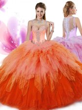 Cute Sleeveless Tulle Floor Length Zipper Quinceanera Gowns in Multi-color with Beading and Ruffles