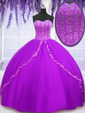 Chic Sequins Sweetheart Sleeveless Lace Up Sweet 16 Dress Purple Tulle