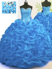Excellent Sleeveless With Train Beading and Ruffles Lace Up 15th Birthday Dress with Blue Brush Train