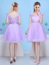  Cap Sleeves Knee Length Bowknot Lace Up Court Dresses for Sweet 16 with Lavender