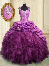 Fantastic Lilac Organza and Taffeta Lace Up Vestidos de Quinceanera Cap Sleeves With Brush Train Beading and Ruffles and Ruffled Layers and Pick Ups