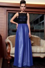 Custom Design Blue And Black Sleeveless Floor Length Beading and Appliques Side Zipper Homecoming Dress