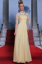  Floor Length Light Yellow Prom Evening Gown Chiffon Half Sleeves Lace and Ruching