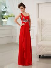 Hot Sale Red Column/Sheath One Shoulder Sleeveless Chiffon Floor Length Zipper Beading and Appliques and Ruching Prom Party Dress