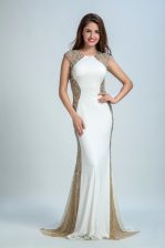 Custom Design White Column/Sheath Chiffon and Tulle Bateau Sleeveless Beading Floor Length Backless Evening Dress