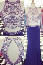 Elegant Scoop Blue Backless Prom Gown Beading Sleeveless With Train Sweep Train