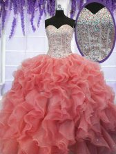 Fantastic Coral Red Lace Up Quinceanera Dresses Ruffles and Sequins Sleeveless Floor Length