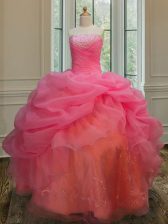  Pink Lace Up Ball Gown Prom Dress Embroidery and Pick Ups Sleeveless Floor Length